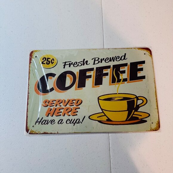 Coffee Sign With Cup & Steam Metal Sign Vintage Look Rusty Look Novelty Sign - Picture 2 of 7